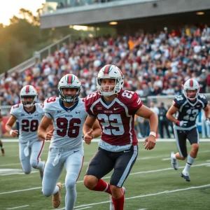 College football players in a game showcasing teamwork and dynamic plays