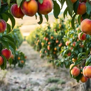 Peach orchard at Texas A&M with ripe peaches