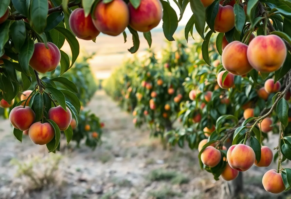 Peach orchard at Texas A&M with ripe peaches