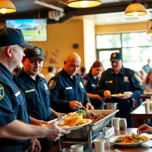 Law enforcement officers serving food at a Tip-A-Cop event