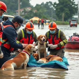 Veterinary team attending to animals during disaster response
