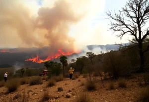 Firefighters battling a brush fire near Lake Piru