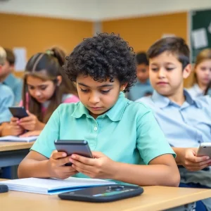 Students in a classroom engaging without mobile phones