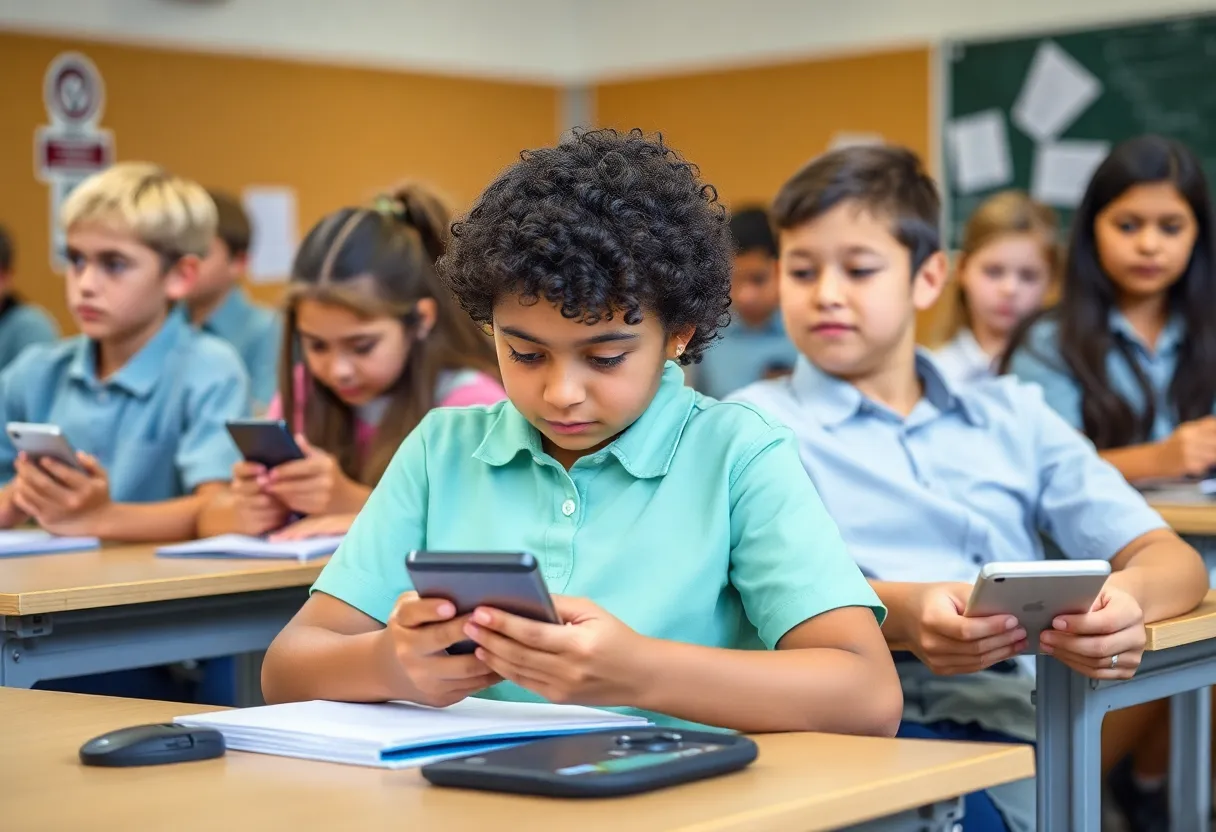 Students in a classroom engaging without mobile phones