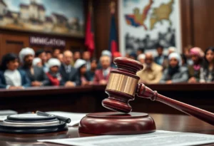 Image depicting a courtroom with a gavel and legal documents