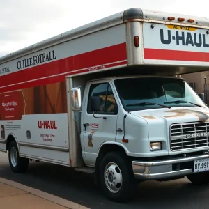U-Haul truck with damage parked at Texas A&M University