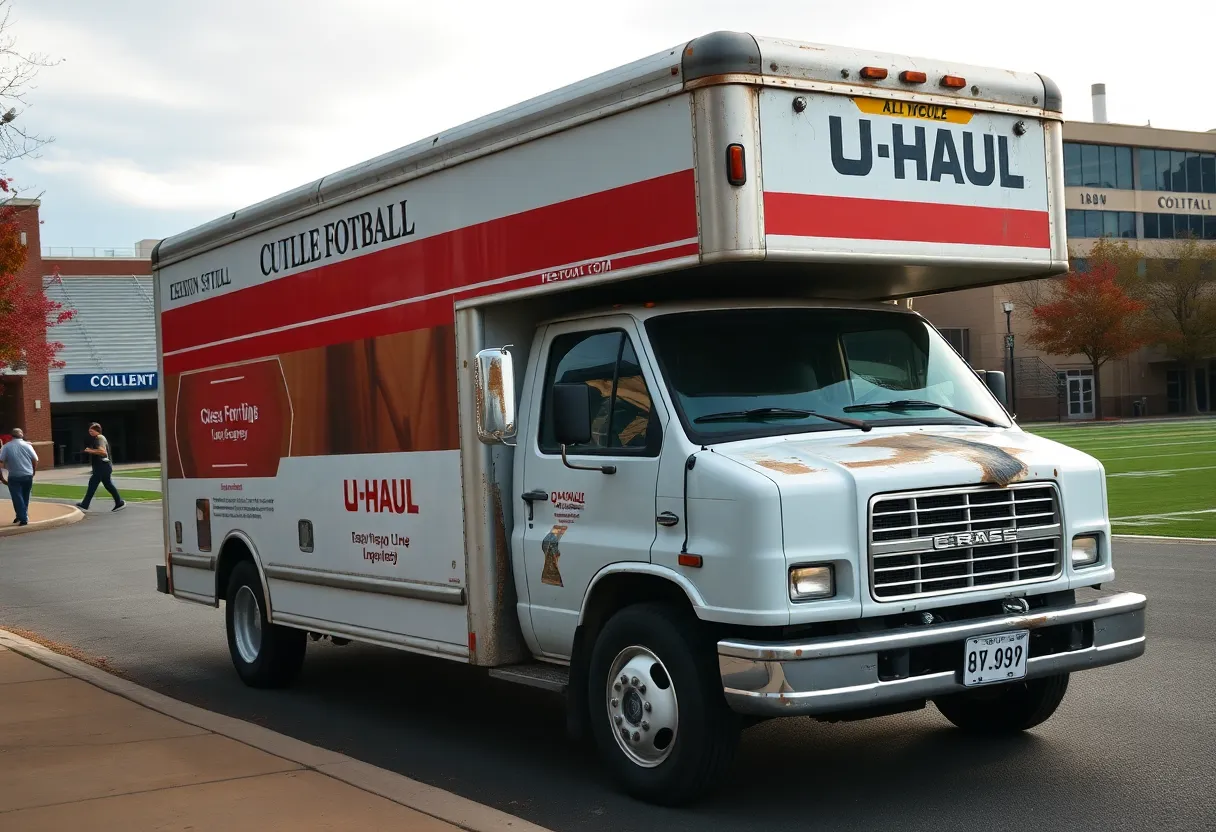 U-Haul truck with damage parked at Texas A&M University