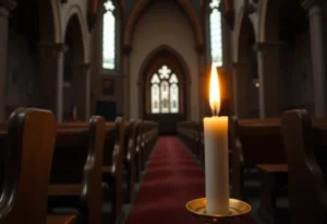 Empty church interior with candlelight