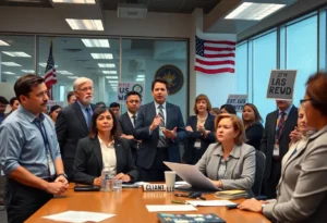 Federal employees discussing concerns about union rights and labor agreements.