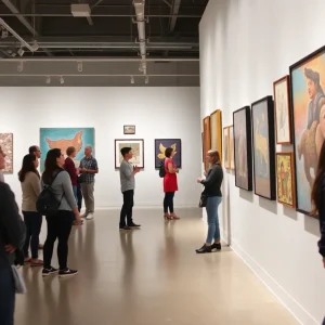 Visitors interacting with Texan art at J. Wayne Stark Galleries