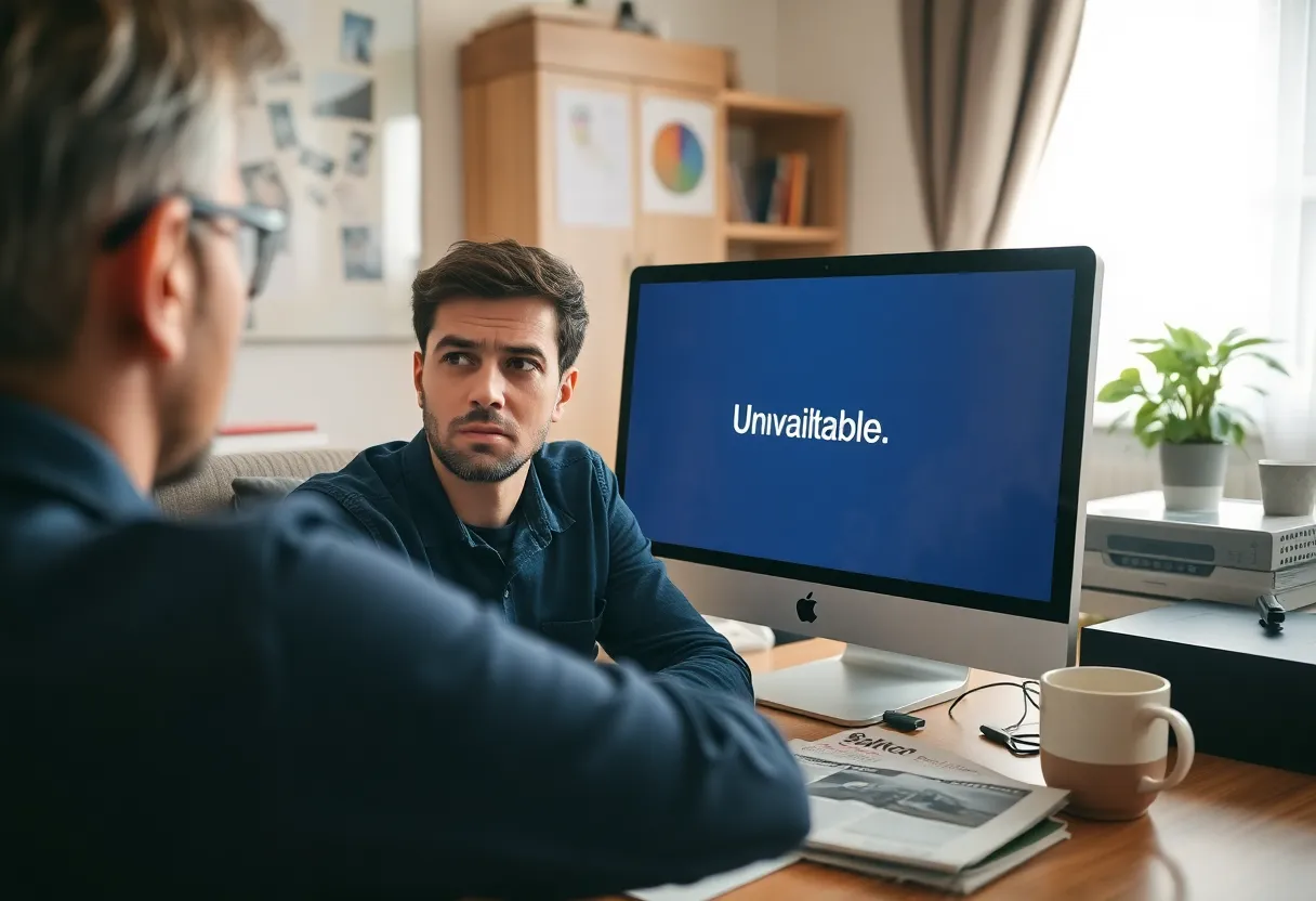 Person frustrated at a computer with an unavailable page message.