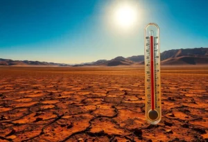 Landscape depicting a heat wave in the Western U.S. with bright sunlight and high temperatures.