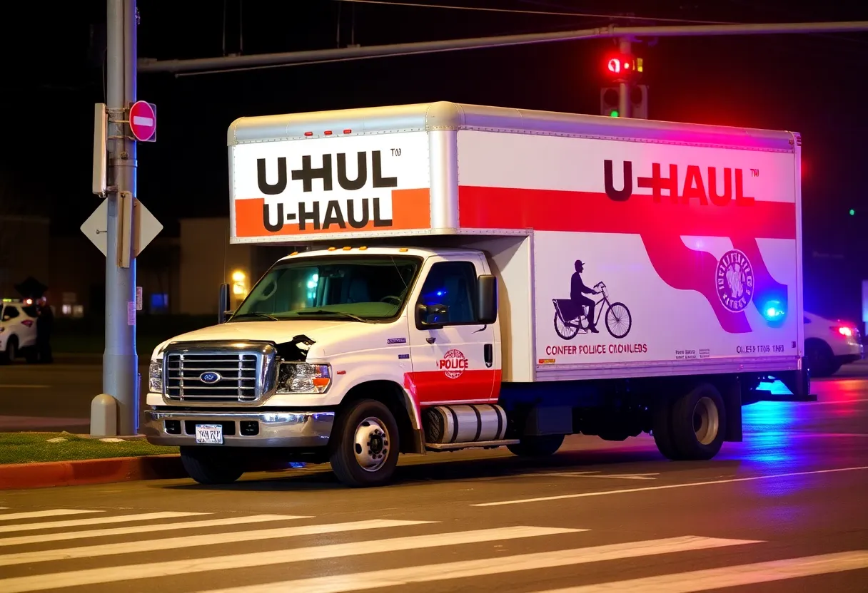 Damaged U-Haul truck involved in hit-and-run accident