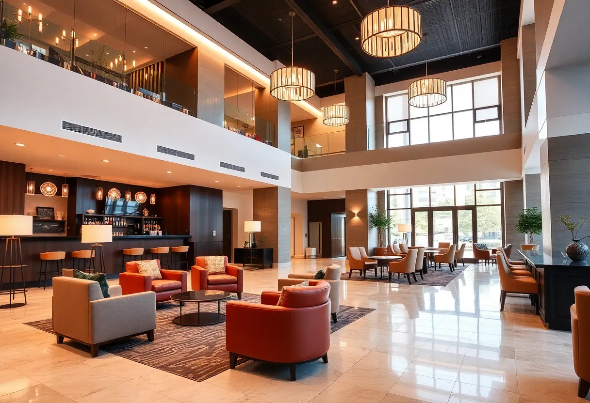 Modern interior of the College Station Hilton lobby after renovation