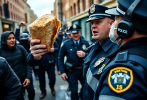 A comic representation of a sandwich flying through the air towards a police officer.