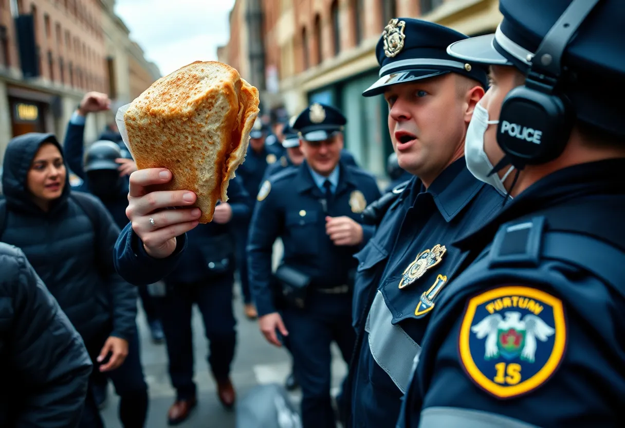 A comic representation of a sandwich flying through the air towards a police officer.