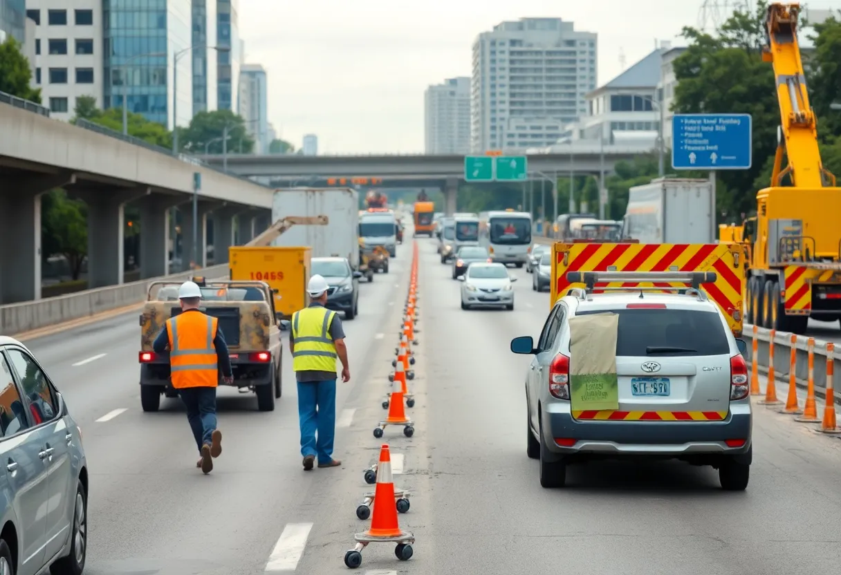 Construction site on State Highway 6 with workers and equipment