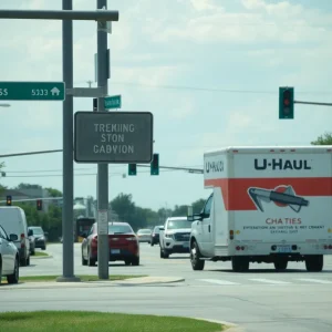 A U-Haul truck at an intersection in College Station, Texas.