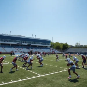 Texas A&M football players practicing during preseason camp in College Station.