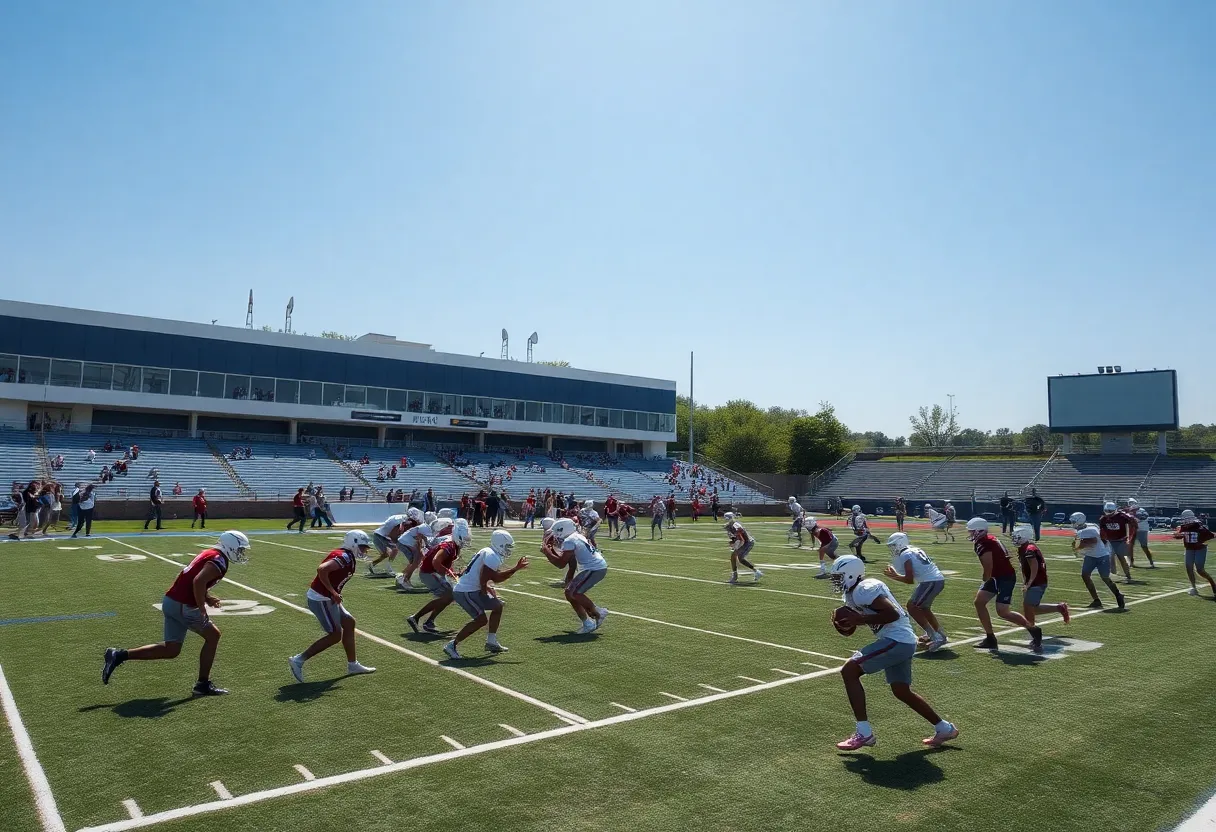 Texas A&M football players practicing on the field