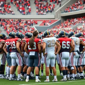 Texas A&M football team huddle on the field