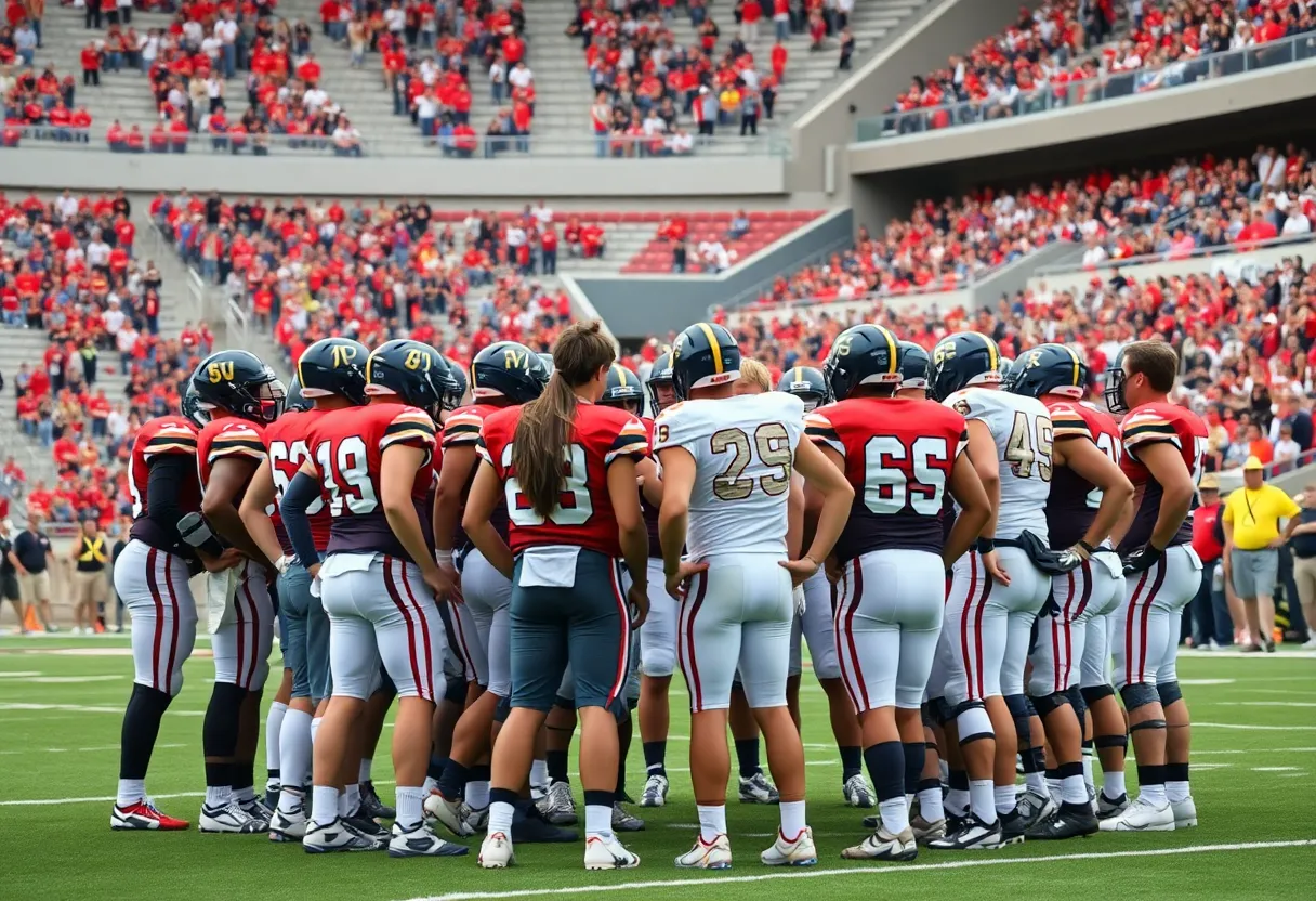 Texas A&M football team huddling on the field