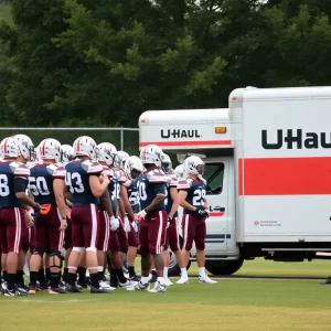 Texas A&M football team practicing in training gear