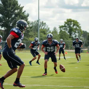 Texas A&M football players practicing on the field during preseason training.
