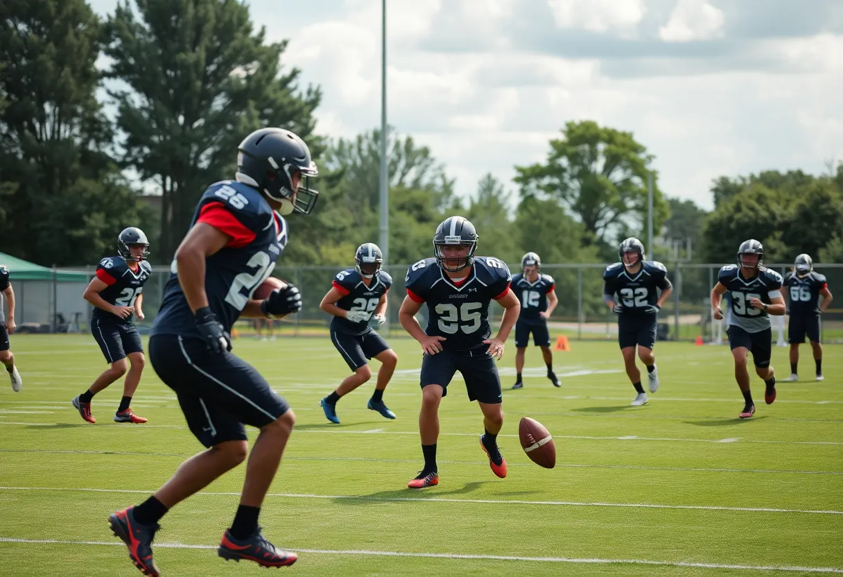 Texas A&M football players practicing on the field during preseason training.