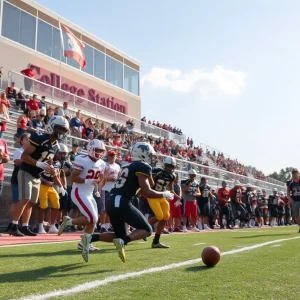 Scene from the Texas high school football tournament with teams playing 7-on-7 football
