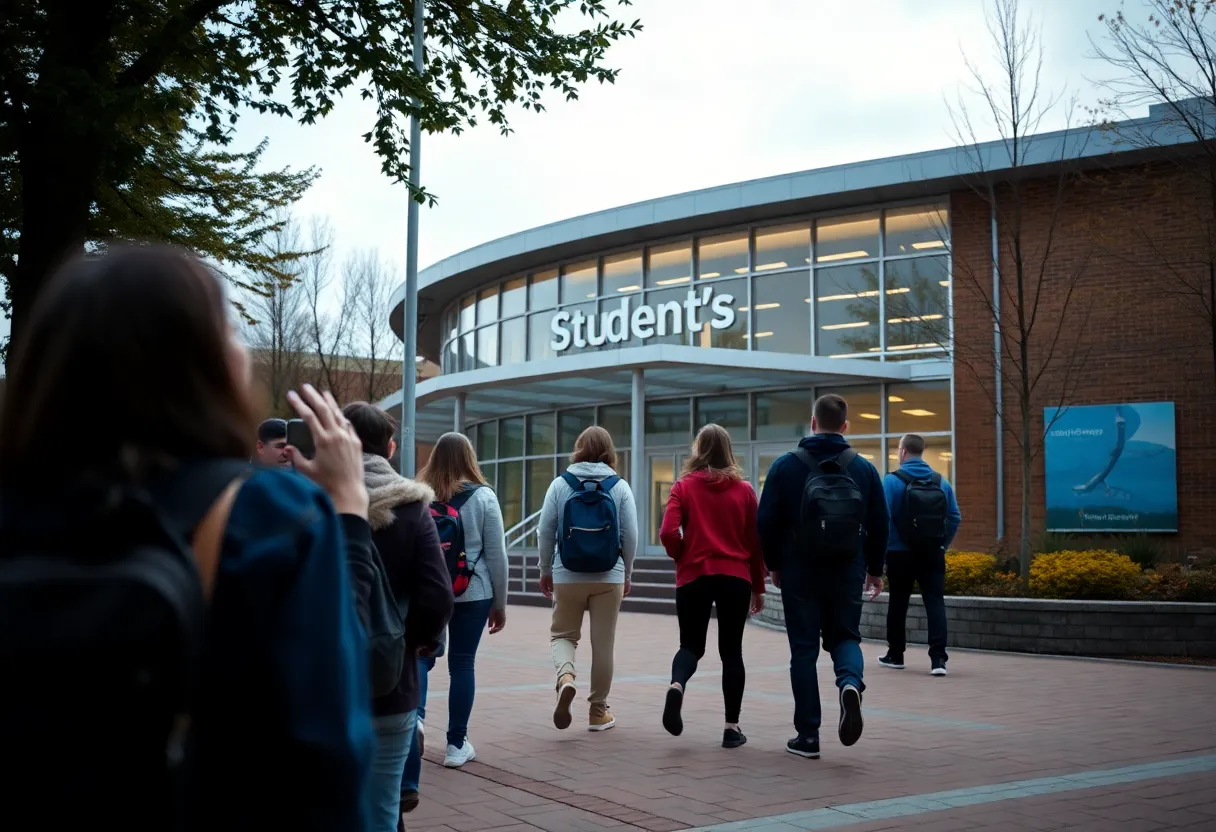 Students walking outside a university activity center