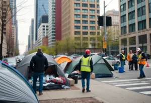A city landscape depicting homeless encampments and urban workers engaged in cleanup efforts.