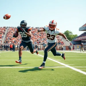 A wide receiver making a catch during a college football game