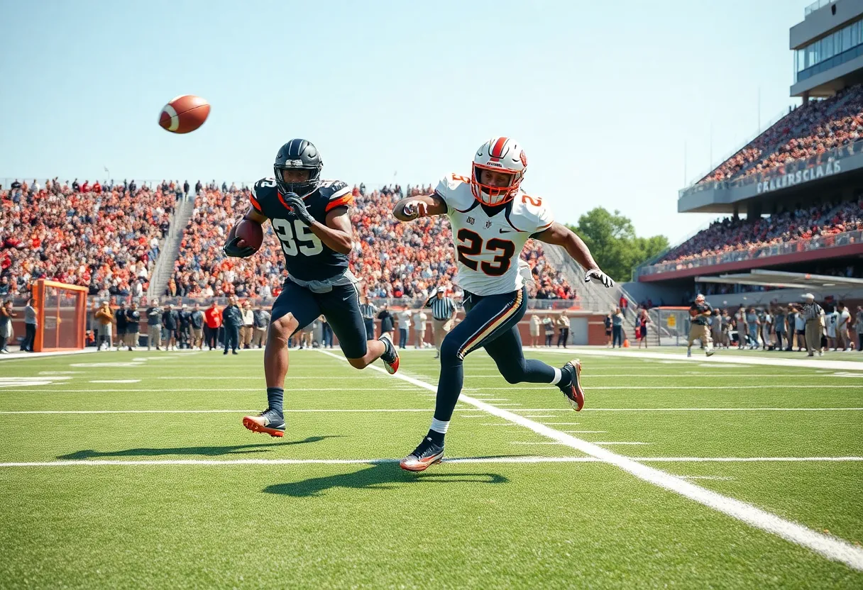 A wide receiver making a catch during a college football game