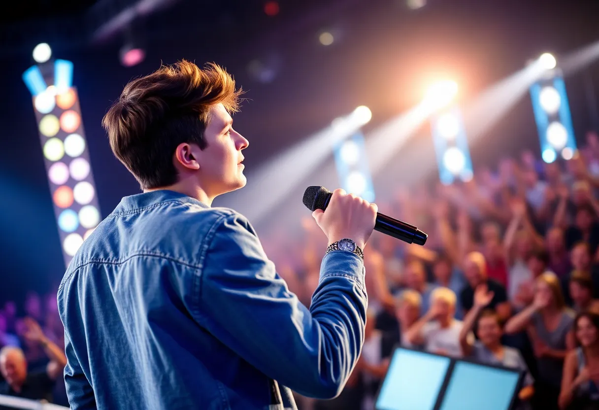 Aiden Ross on stage during his blind audition on The Voice