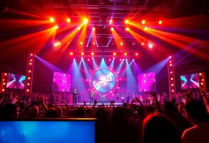 A lively stage performance at a singing competition with cheering audience.