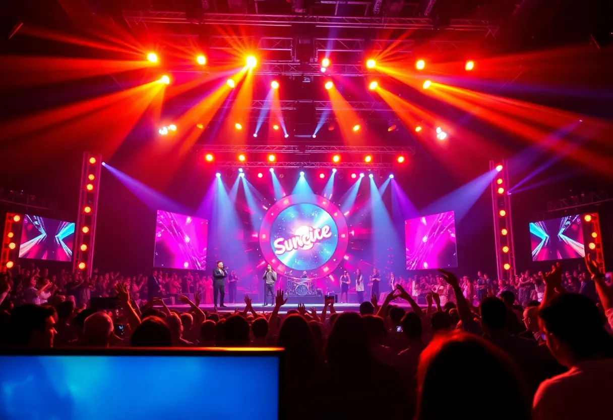 A lively stage performance at a singing competition with cheering audience.