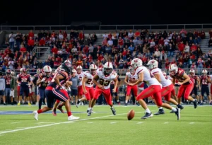 Football players from A&M Consolidated Tigers and College Station Cougars competing during a high school game.