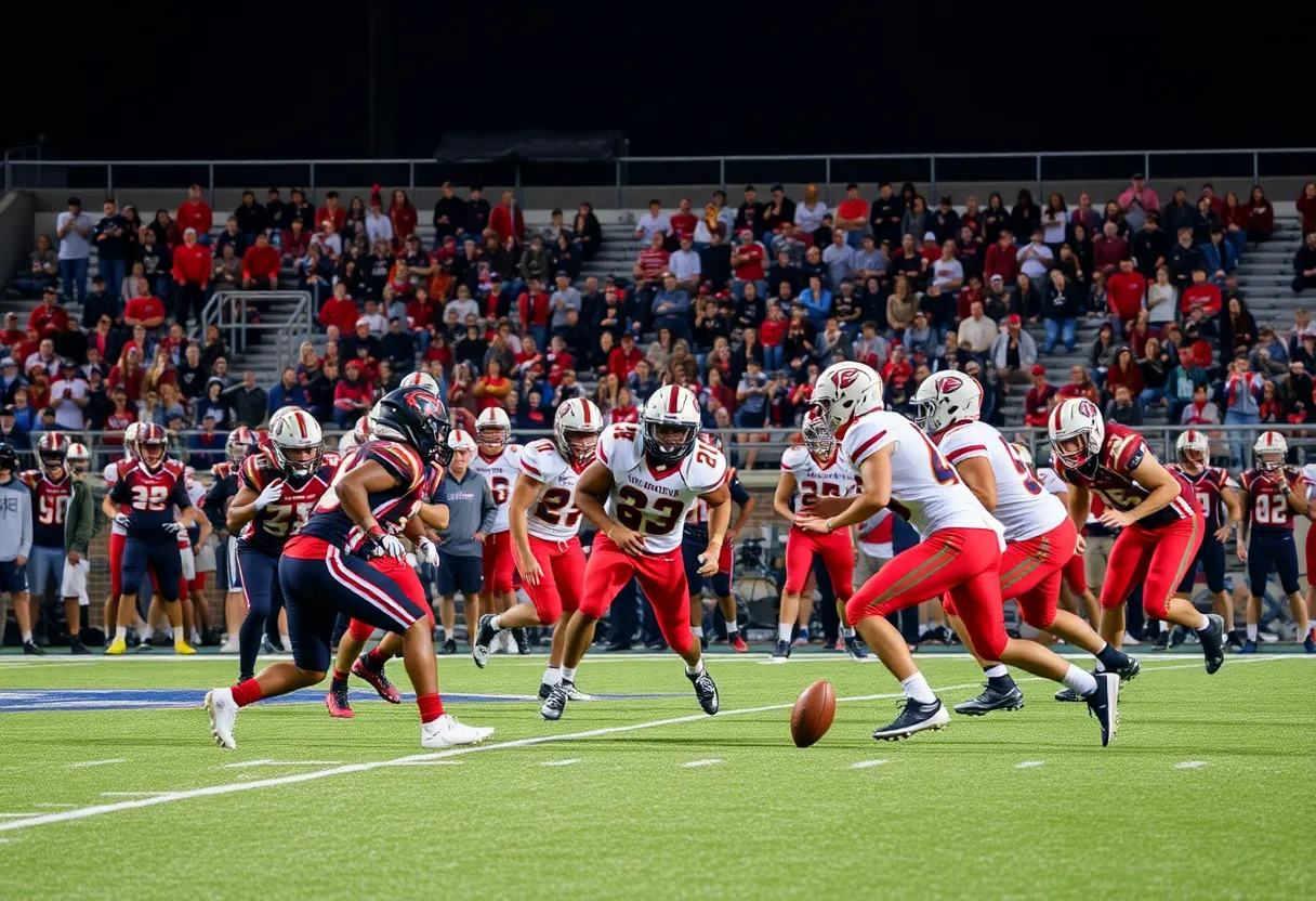 Football players from A&M Consolidated Tigers and College Station Cougars competing during a high school game.