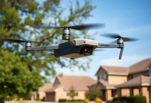 Amazon drone delivering a package in a neighborhood