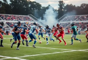 Anderson Trojans players in action against College Station Cougars on the football field.