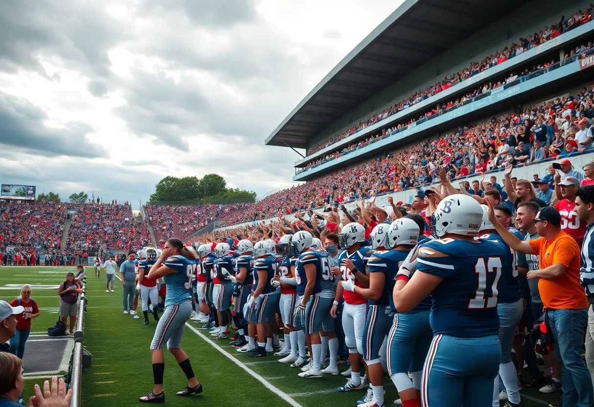 A football stadium filled with cheering fans during the Boise State vs Air Force game.