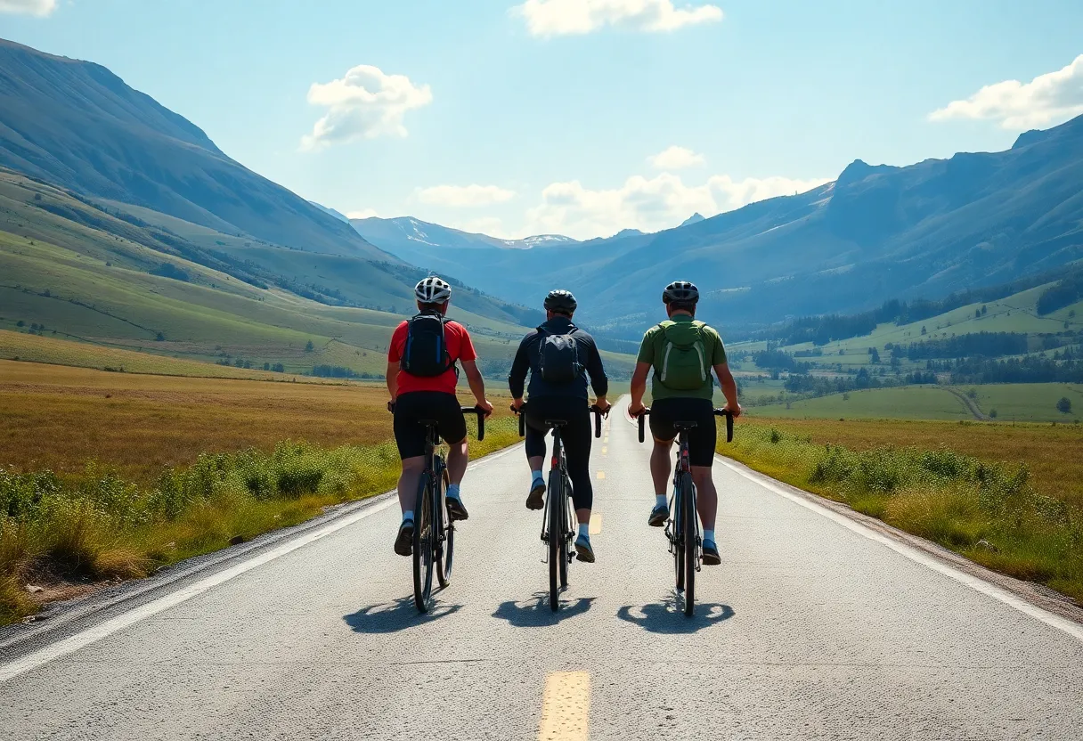 Cyclists riding on a long road for charity