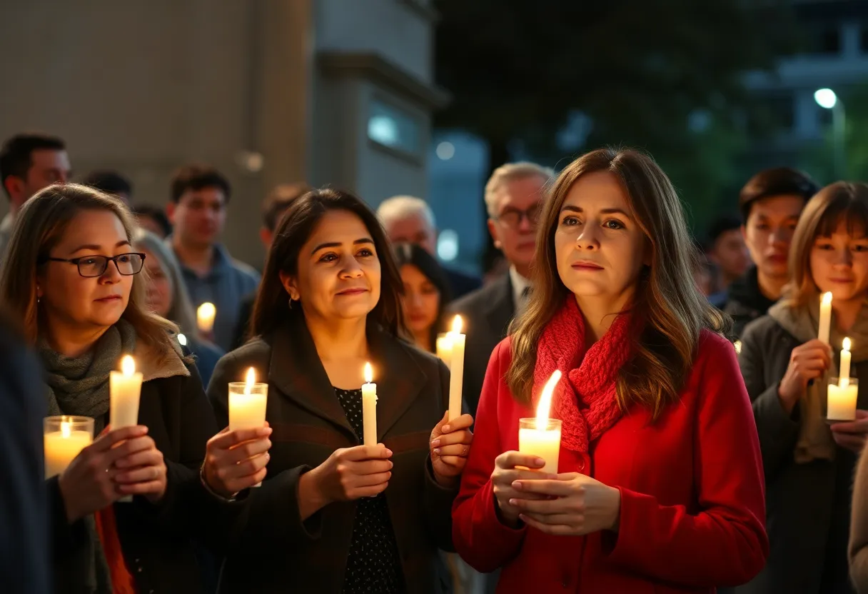 Community members gather in remembrance with lit candles
