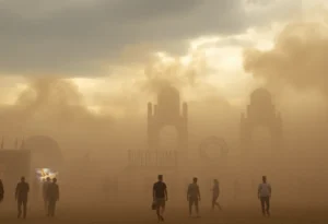 People gathered around a wooden sculpture in the Nevada desert during Burning Man festival