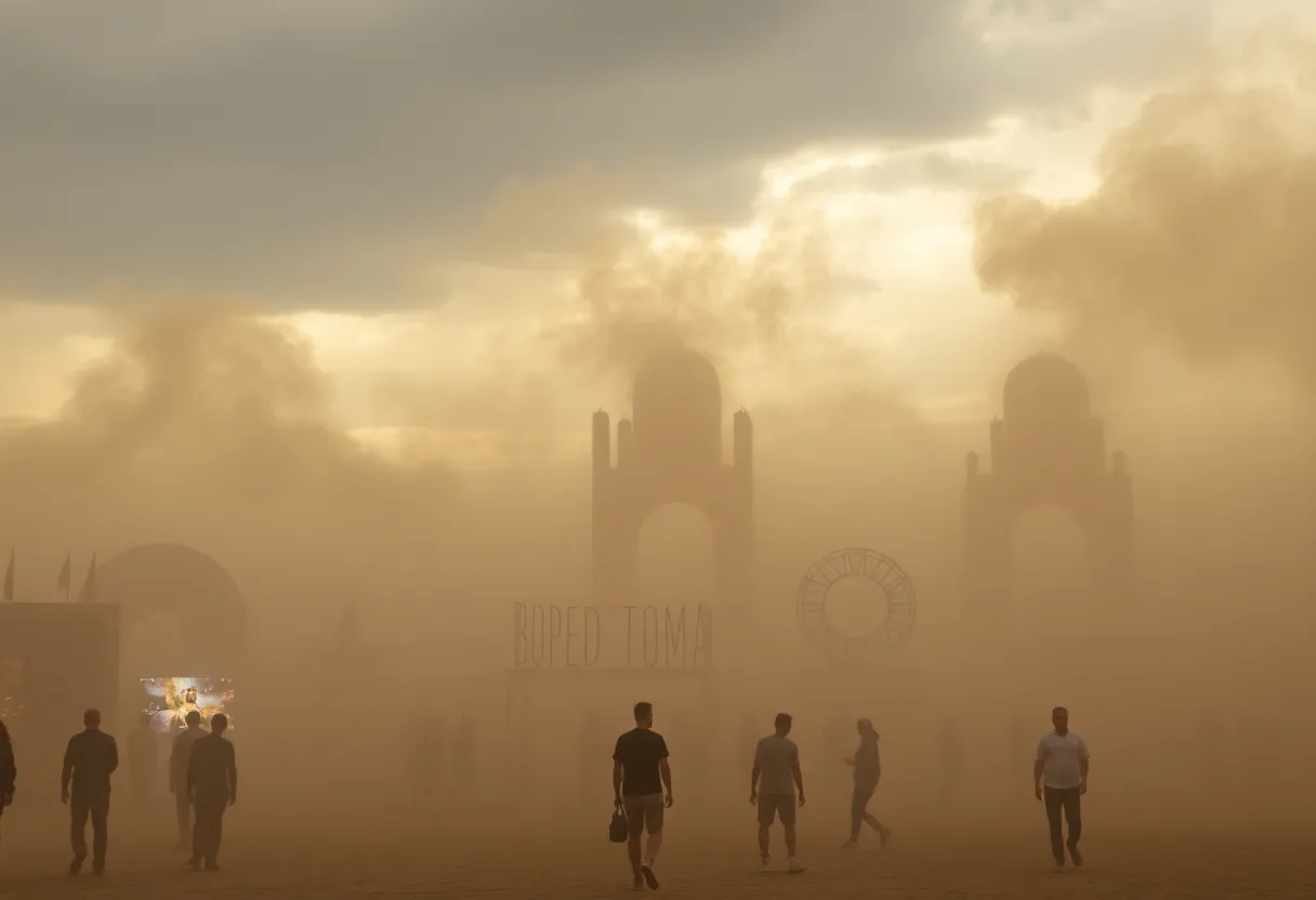 People gathered around a wooden sculpture in the Nevada desert during Burning Man festival