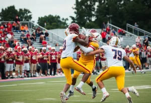 High school football player hurdling over a defender during a game.