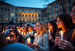A diverse group of attendees holding candles at a vigil in memory of a political activist.