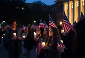 Students holding candles at a vigil in honor of Charlie Kirk
