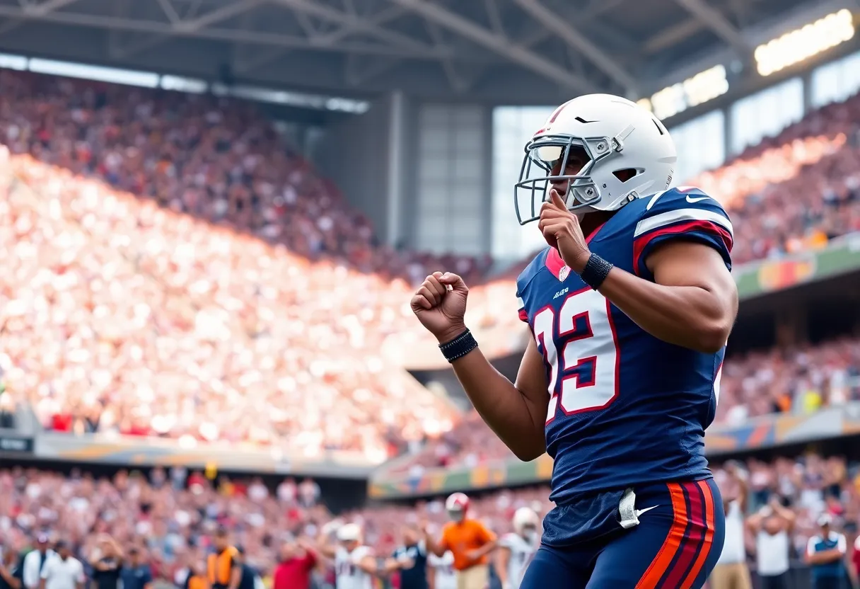 Football player celebrating with fans in the background